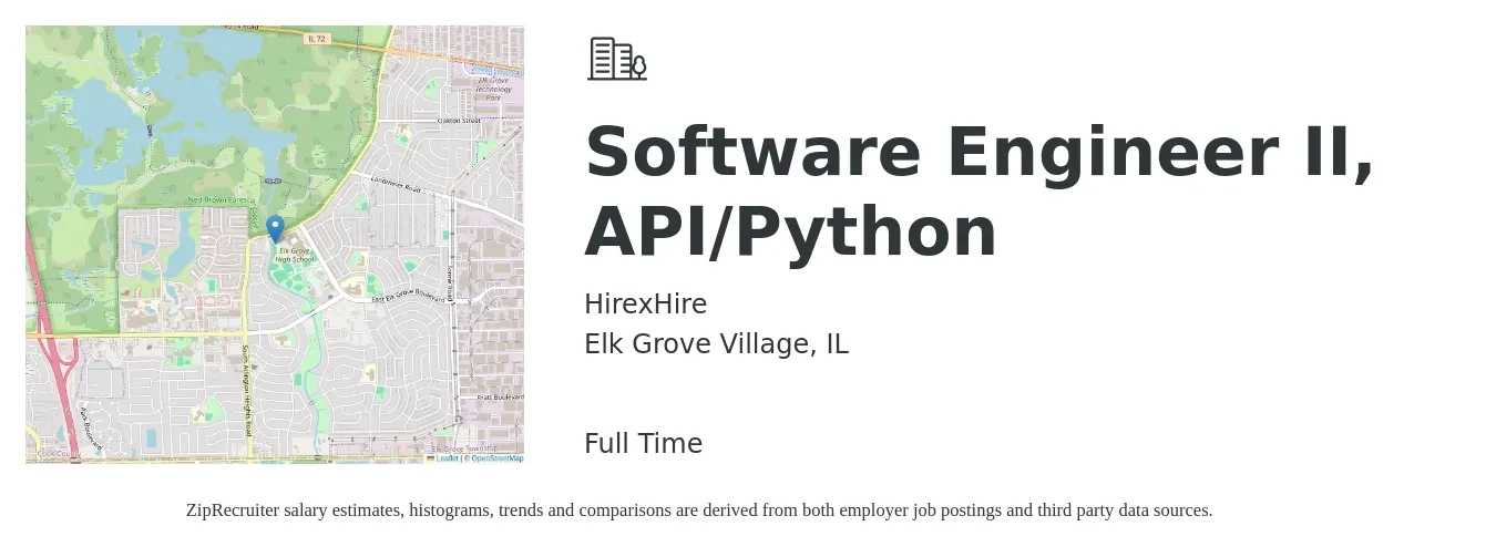HirexHire job posting for a Software Engineer II, API/Python in Elk Grove Village, IL with a salary of $107,400 to $148,800 Yearly with a map of Elk Grove Village location.