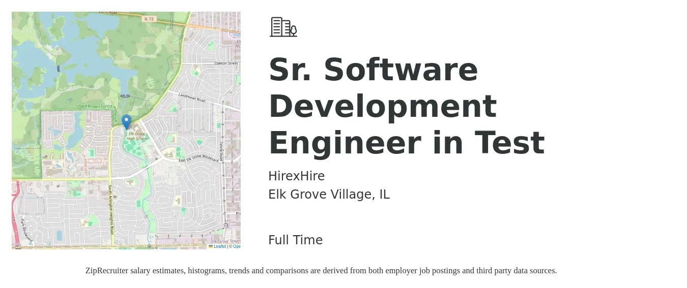 HirexHire job posting for a Sr. Software Development Engineer in Test in Elk Grove Village, IL with a salary of $108,900 to $141,400 Yearly with a map of Elk Grove Village location.