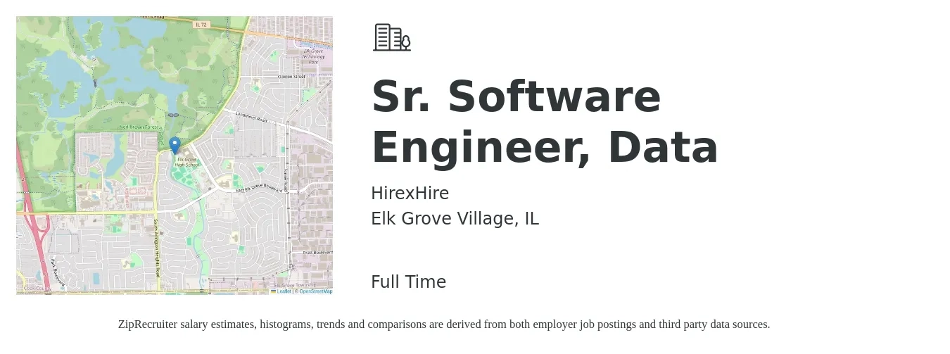 HirexHire job posting for a Sr. Software Engineer, Data in Elk Grove Village, IL with a salary of $120,700 to $159,100 Yearly with a map of Elk Grove Village location.