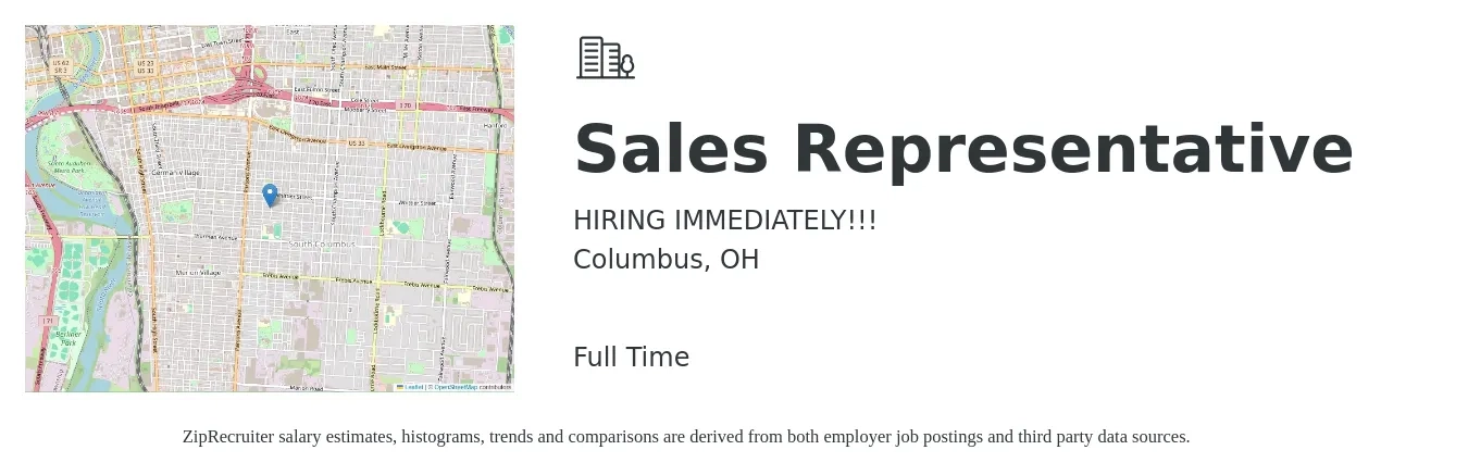 HIRING IMMEDIATELY!!! job posting for a Sales Representative in Columbus, OH with a salary of $3,000 to $4,000 Weekly with a map of Columbus location.