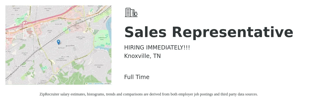 HIRING IMMEDIATELY!!! job posting for a Sales Representative in Knoxville, TN with a salary of $3,000 to $4,000 Weekly with a map of Knoxville location.