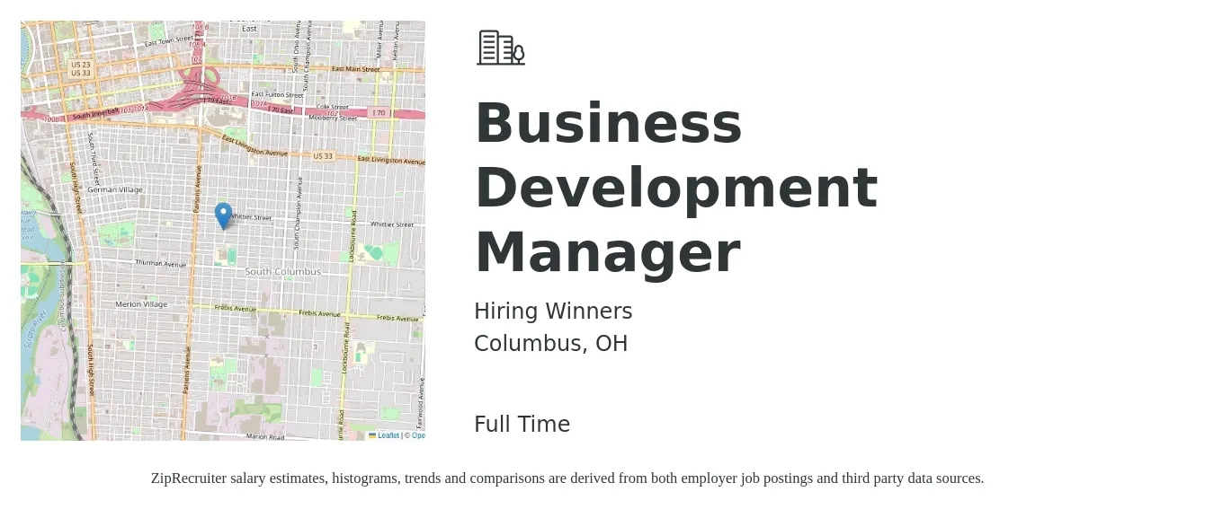 Hiring Winners job posting for a Business Development Manager in Columbus, OH with a salary of $58,900 to $96,600 Yearly with a map of Columbus location.