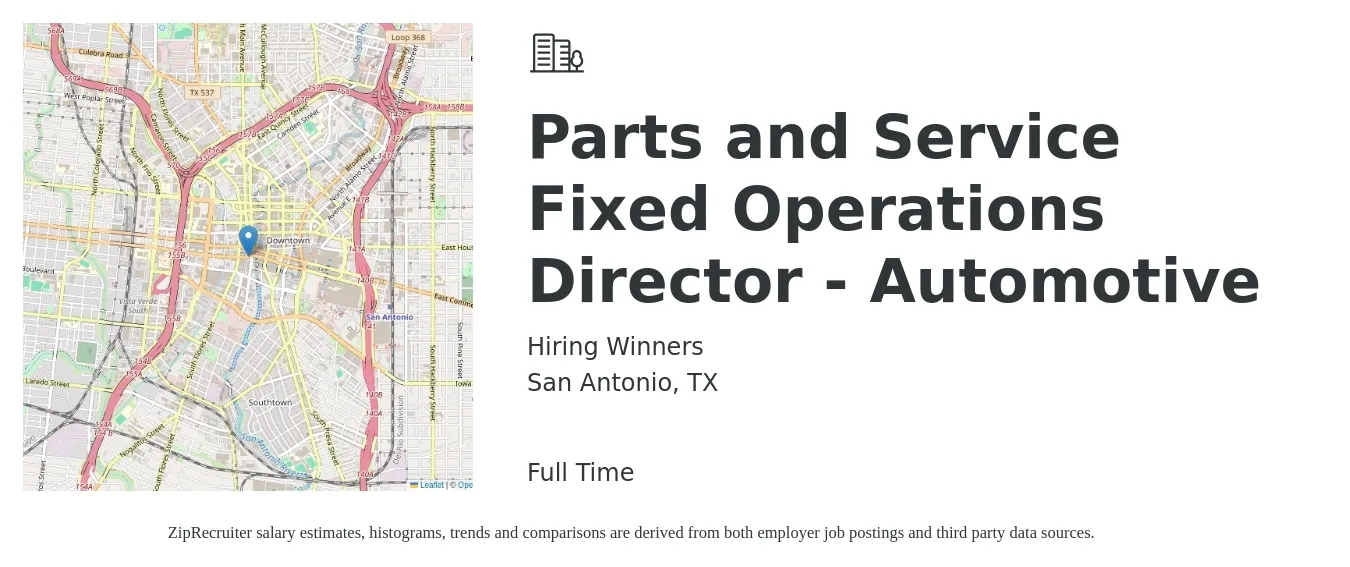 Hiring Winners job posting for a Parts and Service Fixed Operations Director - Automotive in San Antonio, TX with a salary of $83,000 to $135,300 Yearly with a map of San Antonio location.