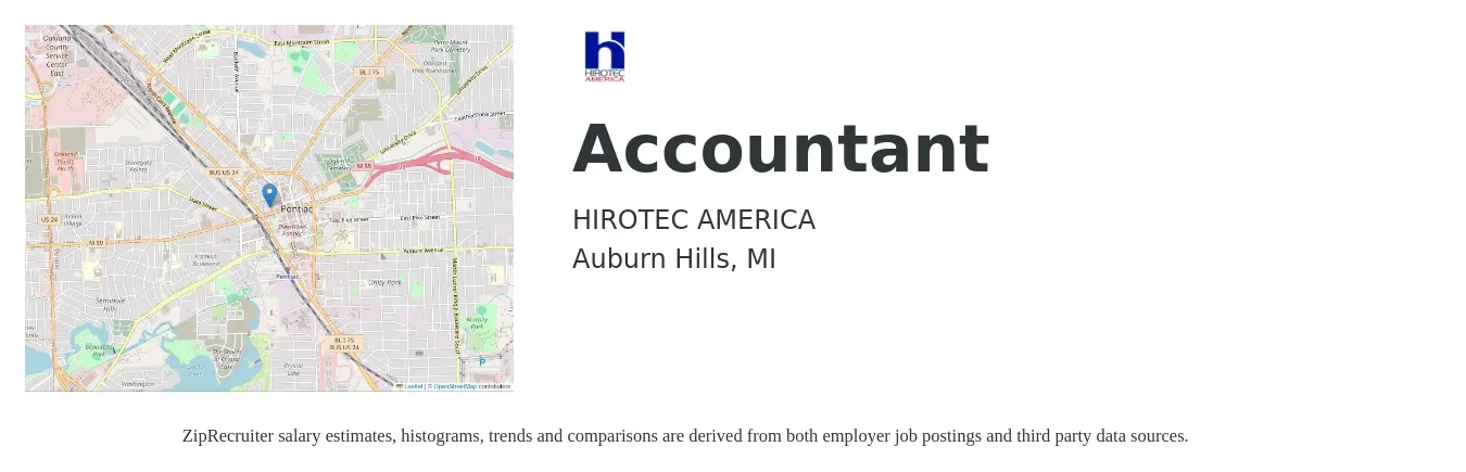 HIROTEC AMERICA job posting for a Accountant in Auburn Hills, MI with a salary of $50,600 to $74,300 Yearly with a map of Auburn Hills location.
