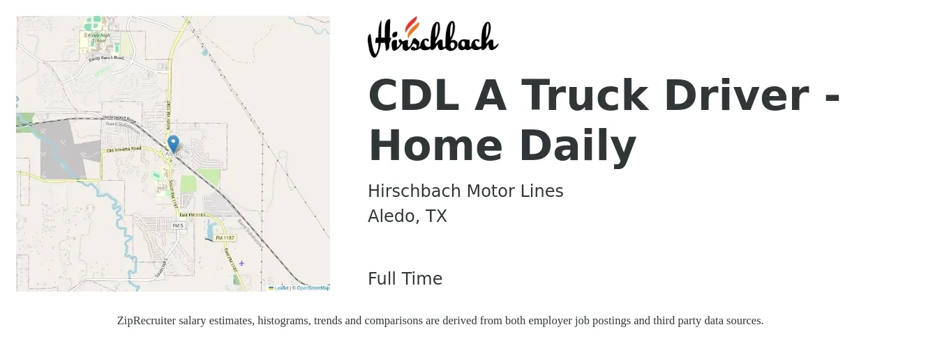 Hirschbach Motor Lines job posting for a CDL A Truck Driver - Home Daily in Aledo, TX with a salary of $1,200 Weekly with a map of Aledo location.