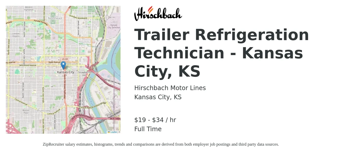 Hirschbach Motor Lines job posting for a Trailer Refrigeration Technician - Kansas City, KS in Kansas City, KS with a salary of $20 to $36 Hourly with a map of Kansas City location.