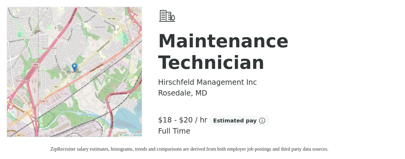 Hirschfeld Management Inc job posting for a Maintenance Technician in Rosedale, MD with a salary of $19 to $21 Hourly with a map of Rosedale location.