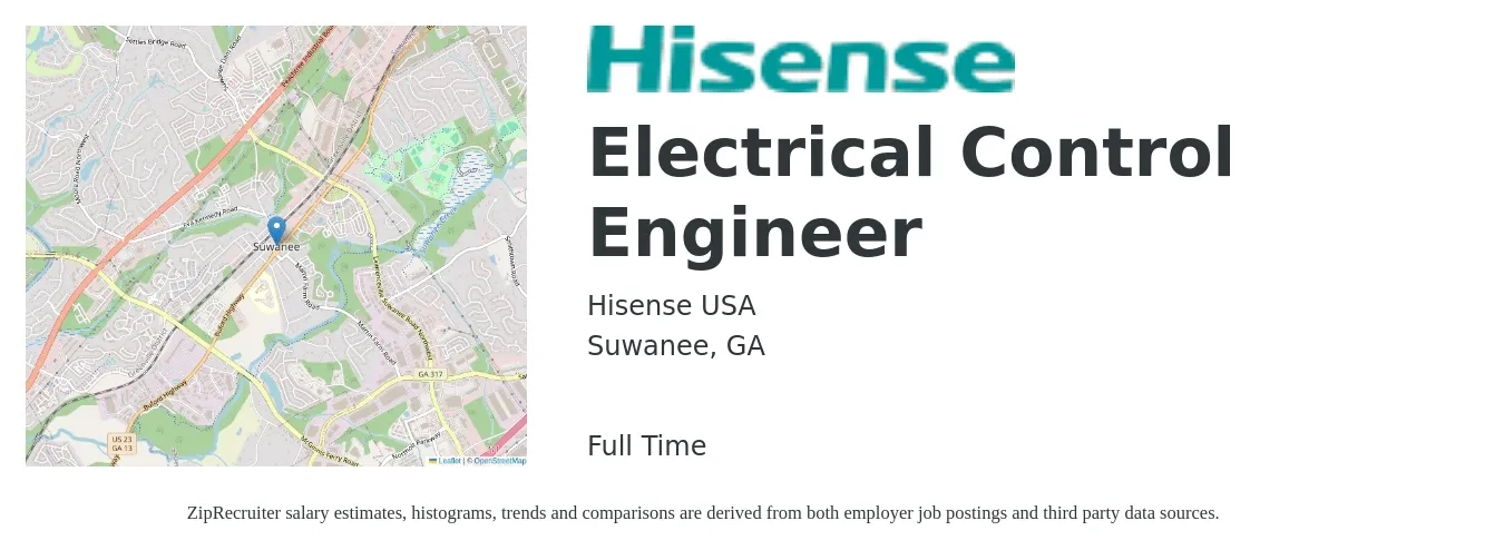 Hisense USA job posting for a Electrical Control Engineer in Suwanee, GA with a salary of $74,500 to $99,600 Yearly with a map of Suwanee location.