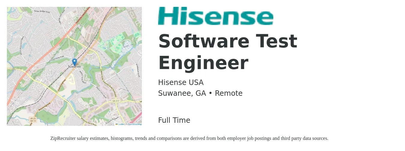 Hisense USA job posting for a Software Test Engineer in Suwanee, GA with a salary of $41 to $57 Hourly with a map of Suwanee location.