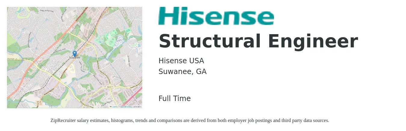 Hisense USA job posting for a Structural Engineer in Suwanee, GA with a salary of $74,500 to $105,200 Yearly with a map of Suwanee location.