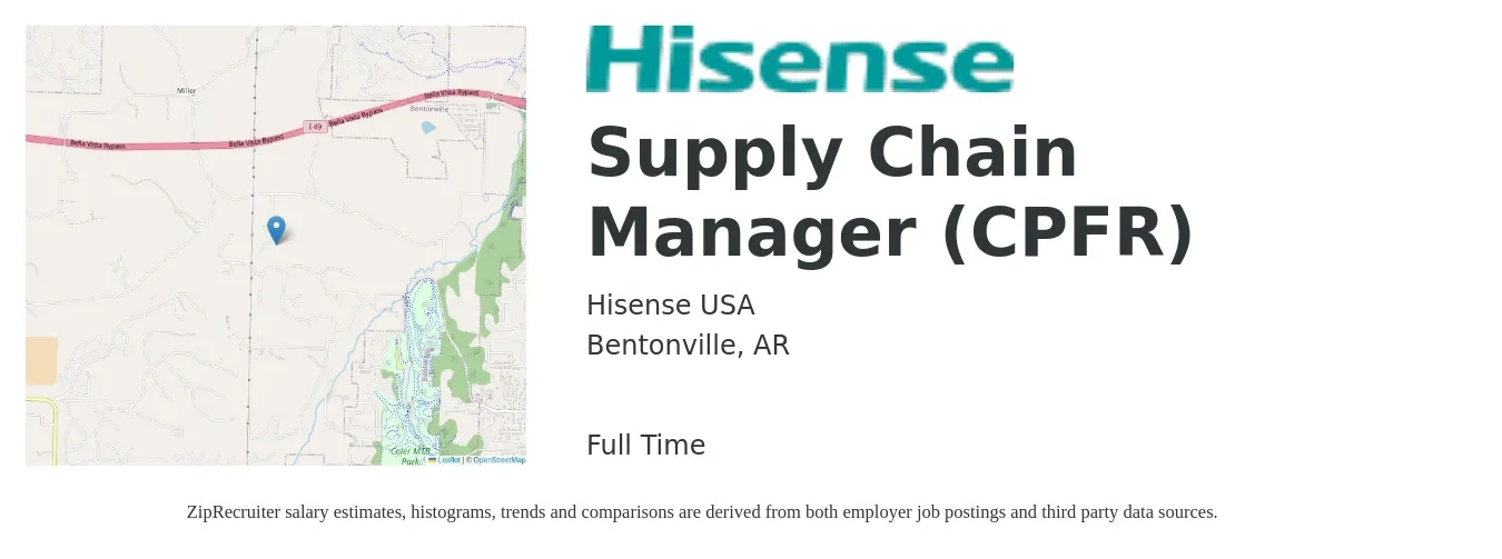 Hisense USA job posting for a Supply Chain Manager (CPFR) in Bentonville, AR with a salary of $68,100 to $102,100 Yearly with a map of Bentonville location.