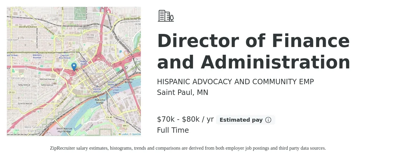 HISPANIC ADVOCACY AND COMMUNITY EMP job posting for a Director of Finance and Administration in Saint Paul, MN with a salary of $70,000 to $80,000 Yearly with a map of Saint Paul location.