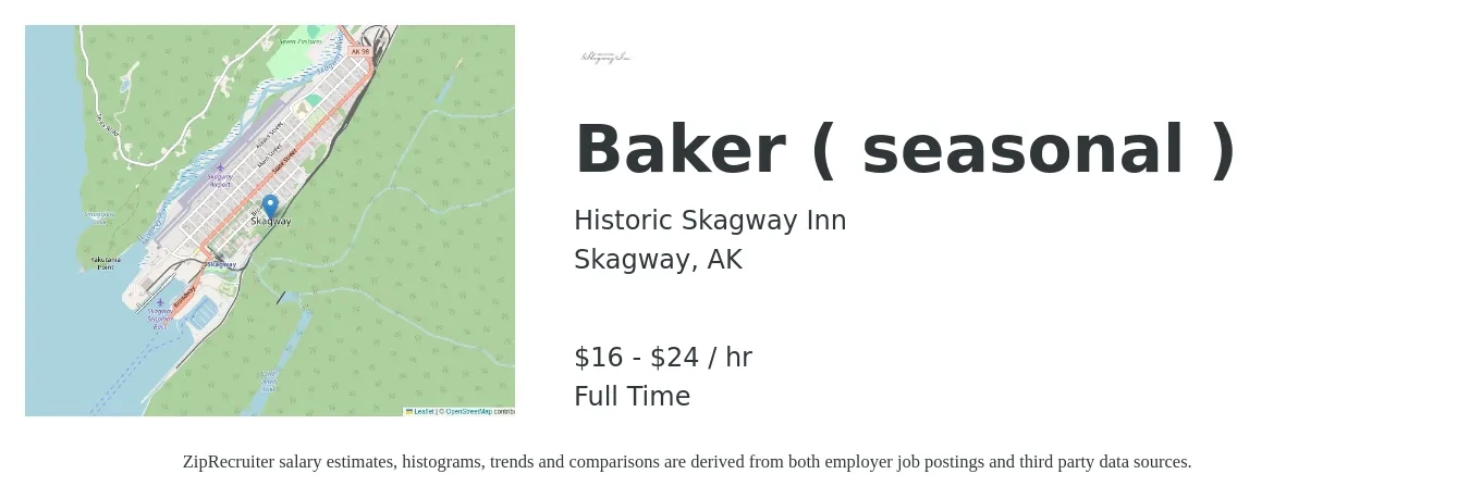 Historic Skagway Inn job posting for a Baker ( seasonal ) in Skagway, AK with a salary of $17 to $25 Hourly with a map of Skagway location.
