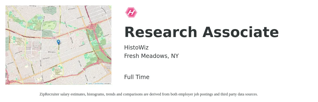 HistoWiz job posting for a Research Associate in Fresh Meadows, NY with a salary of $28 to $40 Hourly with a map of Fresh Meadows location.