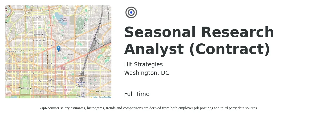 Hit Strategies job posting for a Seasonal Research Analyst (Contract) in Washington, DC with a salary of $4,500 to $5,000 Monthly with a map of Washington location.