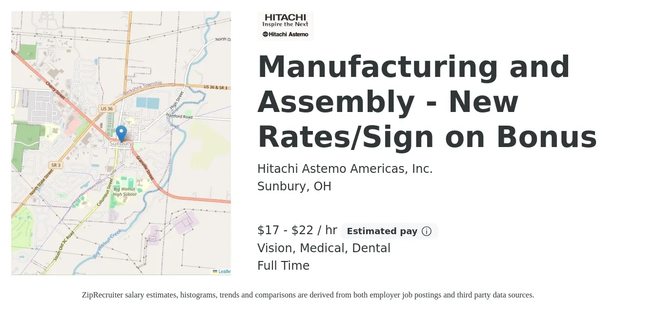 Hitachi Astemo Americas, Inc. job posting for a Manufacturing and Assembly - New Rates/Sign on Bonus in Sunbury, OH with a salary of $18 to $23 Hourly and benefits including medical, pto, retirement, vision, dental, and life_insurance with a map of Sunbury location.
