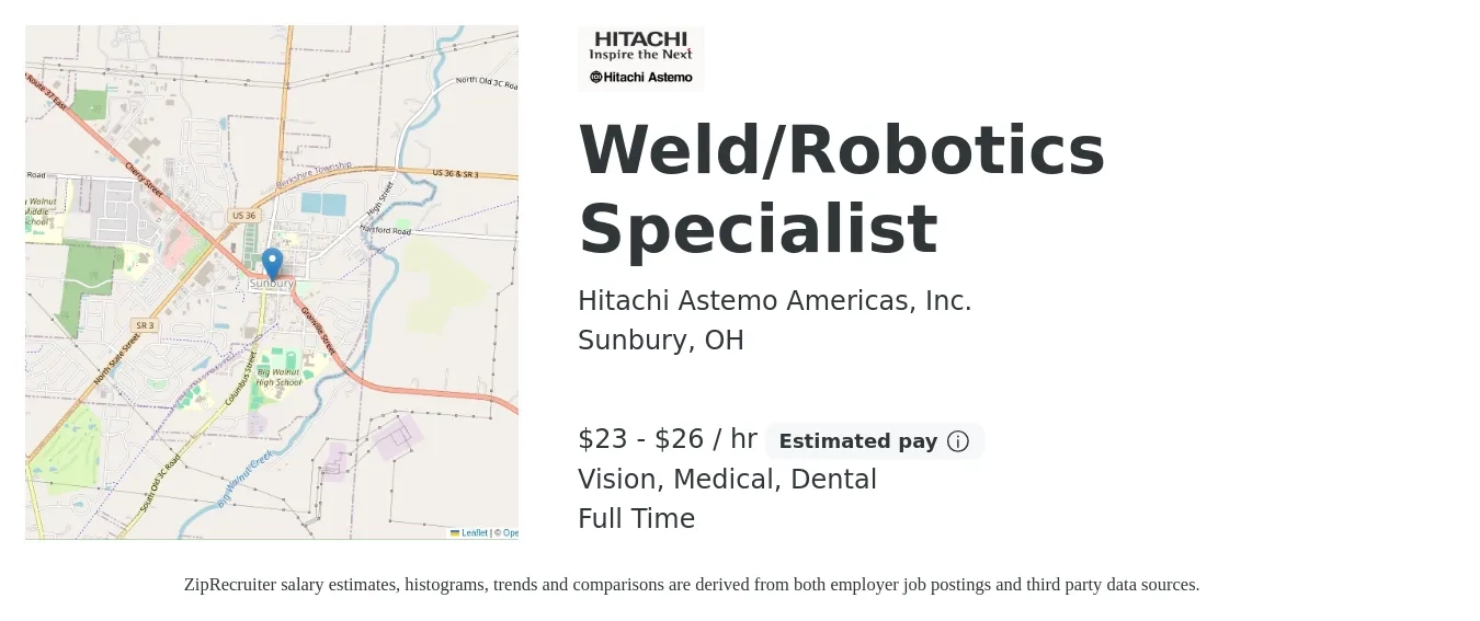 Hitachi Astemo Americas, Inc. job posting for a Weld/Robotics Specialist in Sunbury, OH with a salary of $25 to $28 Hourly and benefits including medical, pto, retirement, vision, dental, and life_insurance with a map of Sunbury location.