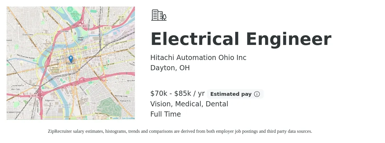 Hitachi Automation Ohio Inc job posting for a Electrical Engineer in Dayton, OH with a salary of $70,000 to $85,000 Yearly and benefits including medical, pto, vision, and dental with a map of Dayton location.