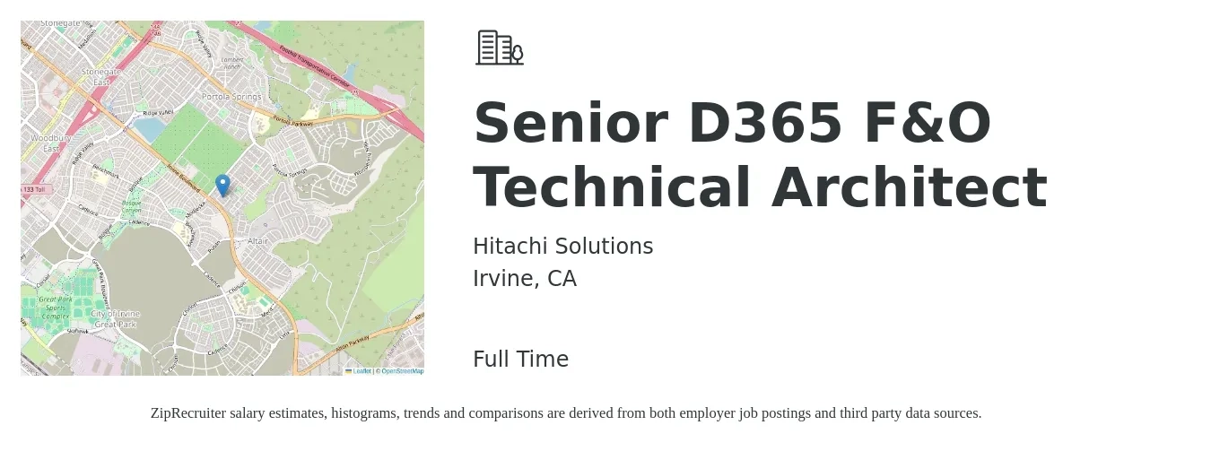 Hitachi Solutions job posting for a Senior D365 F&O Technical Architect in Irvine, CA with a salary of $136,900 to $193,700 Yearly with a map of Irvine location.