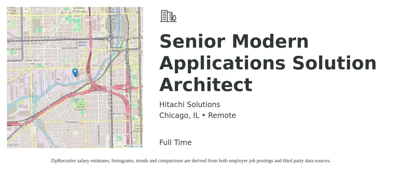 Hitachi Solutions job posting for a Senior Modern Applications Solution Architect in Chicago, IL with a salary of $150,000 to $200,000 Yearly with a map of Chicago location.