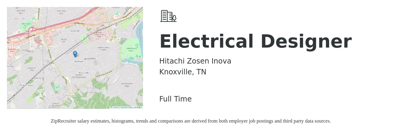 Hitachi Zosen Inova job posting for a Electrical Designer in Knoxville, TN with a salary of $29 to $42 Hourly with a map of Knoxville location.