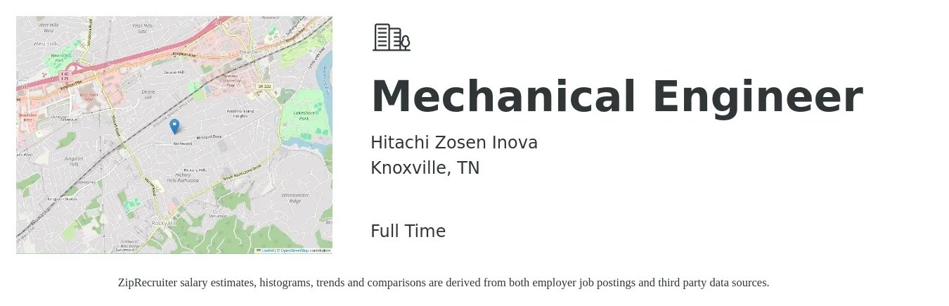 Hitachi Zosen Inova job posting for a Mechanical Engineer in Knoxville, TN with a salary of $72,600 to $112,700 Yearly with a map of Knoxville location.