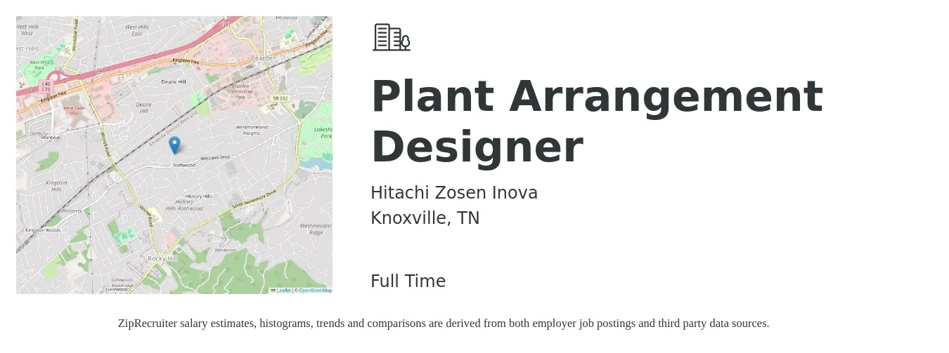 Hitachi Zosen Inova job posting for a Plant Arrangement Designer in Knoxville, TN with a salary of $115,000 Yearly with a map of Knoxville location.