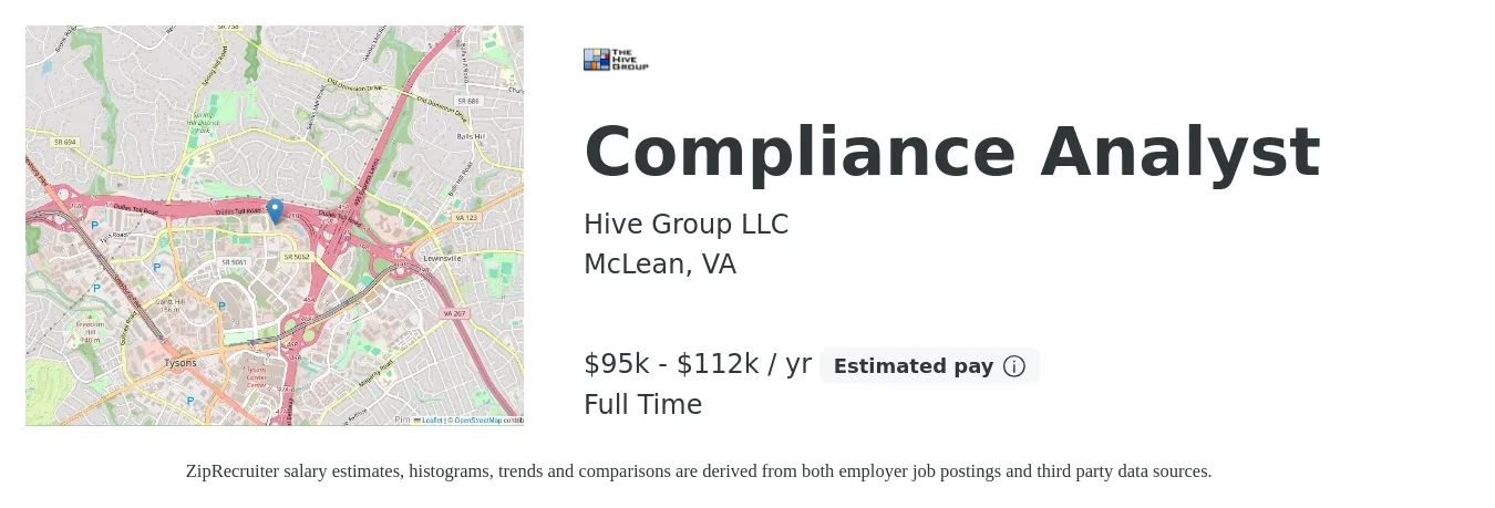 Hive Group LLC job posting for a Compliance Analyst in McLean, VA with a salary of $95,000 to $112,000 Yearly with a map of McLean location.