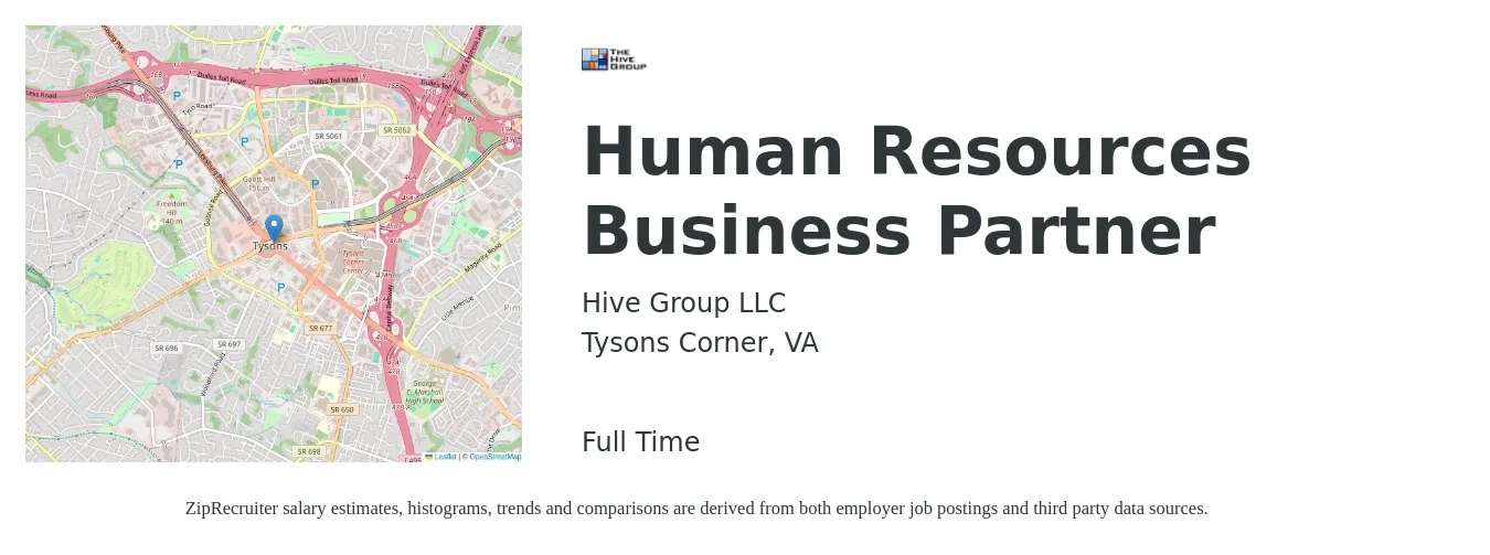 Hive Group LLC job posting for a Human Resources Business Partner in Tysons Corner, VA with a salary of $72,500 to $103,200 Yearly with a map of Tysons Corner location.