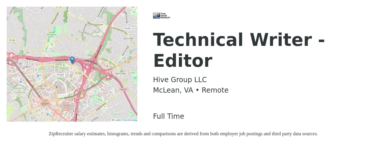 Hive Group LLC job posting for a Technical Writer - Editor in McLean, VA with a salary of $65,700 to $102,600 Yearly with a map of McLean location.
