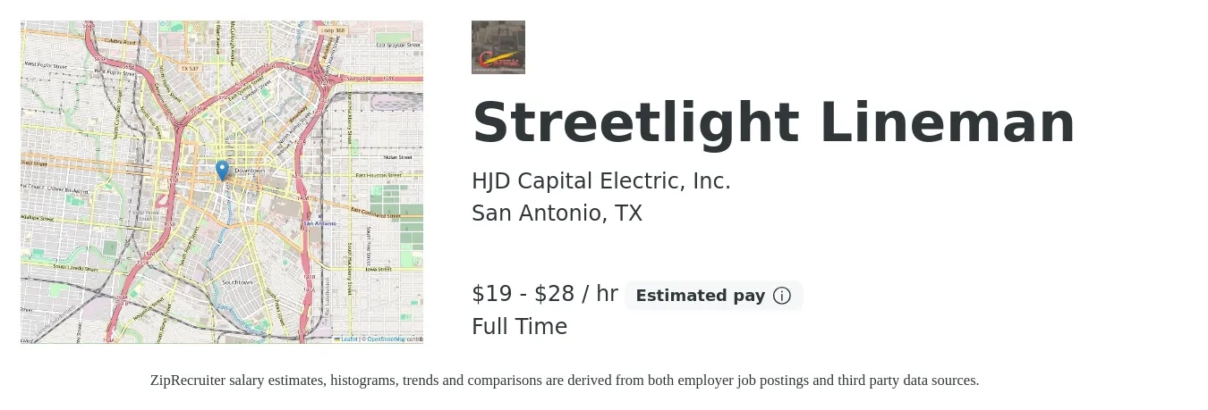 HJD Capital Electric, Inc. job posting for a Streetlight Lineman in San Antonio, TX with a salary of $20 to $30 Hourly with a map of San Antonio location.