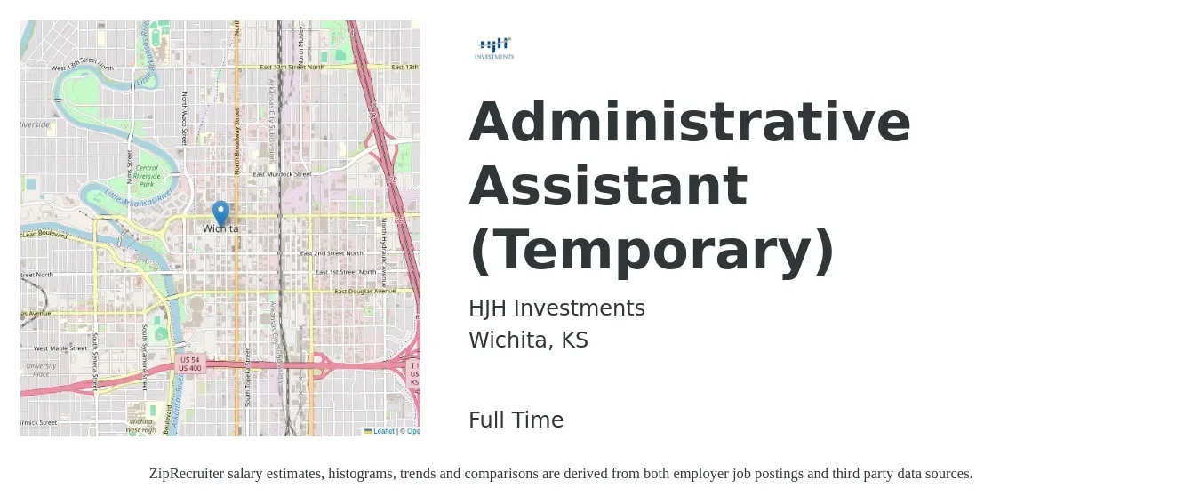 HJH Investments job posting for a Administrative Assistant (Temporary) in Wichita, KS with a salary of $16 Hourly with a map of Wichita location.