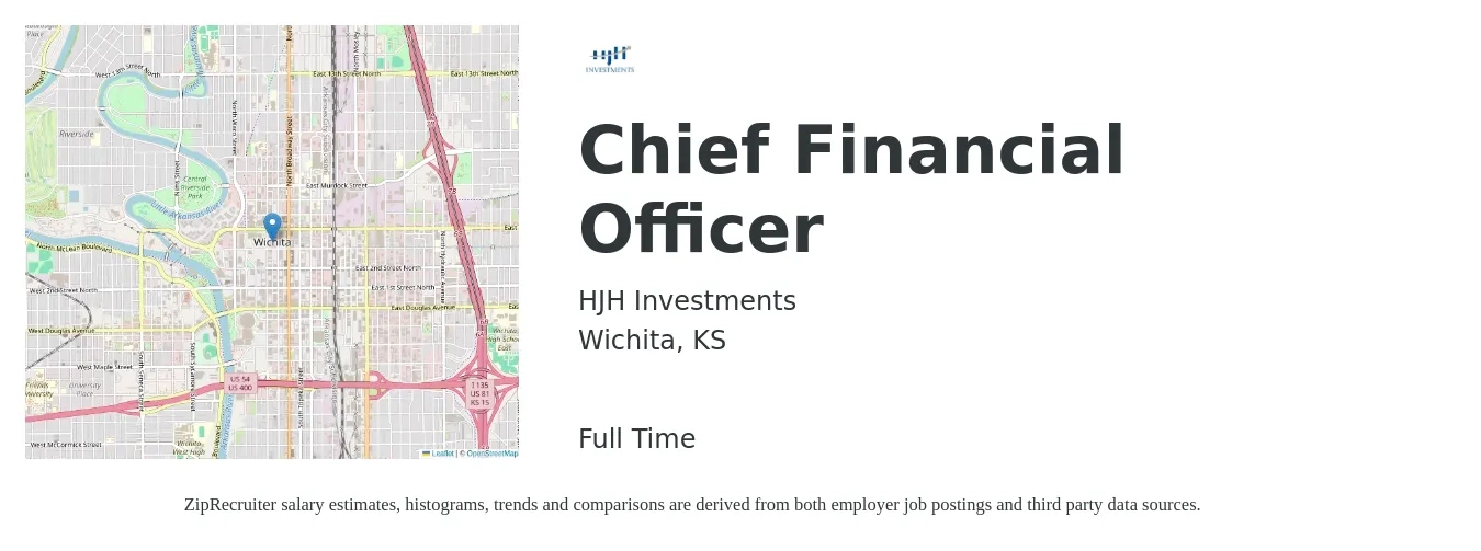 HJH Investments job posting for a Chief Financial Officer in Wichita, KS with a salary of $126,100 to $357,800 Yearly with a map of Wichita location.