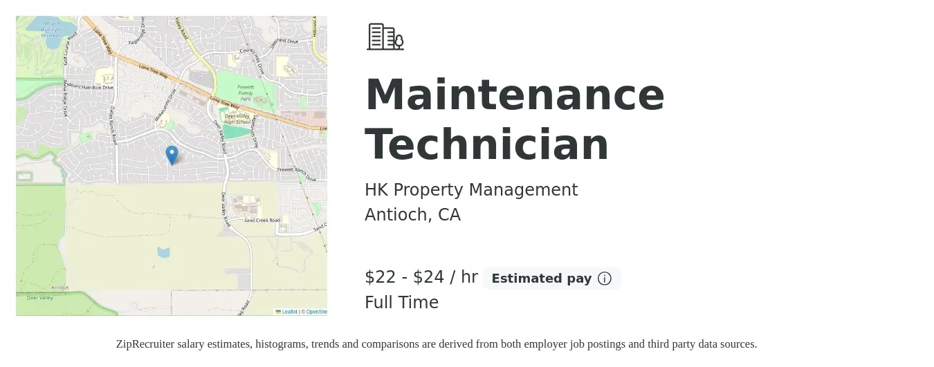 HK Property Management job posting for a Maintenance Technician in Antioch, CA with a salary of $23 to $25 Hourly with a map of Antioch location.