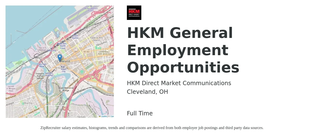 HKM Direct Market Communications job posting for a HKM General Employment Opportunities in Cleveland, OH with a salary of $16 to $42 Hourly with a map of Cleveland location.