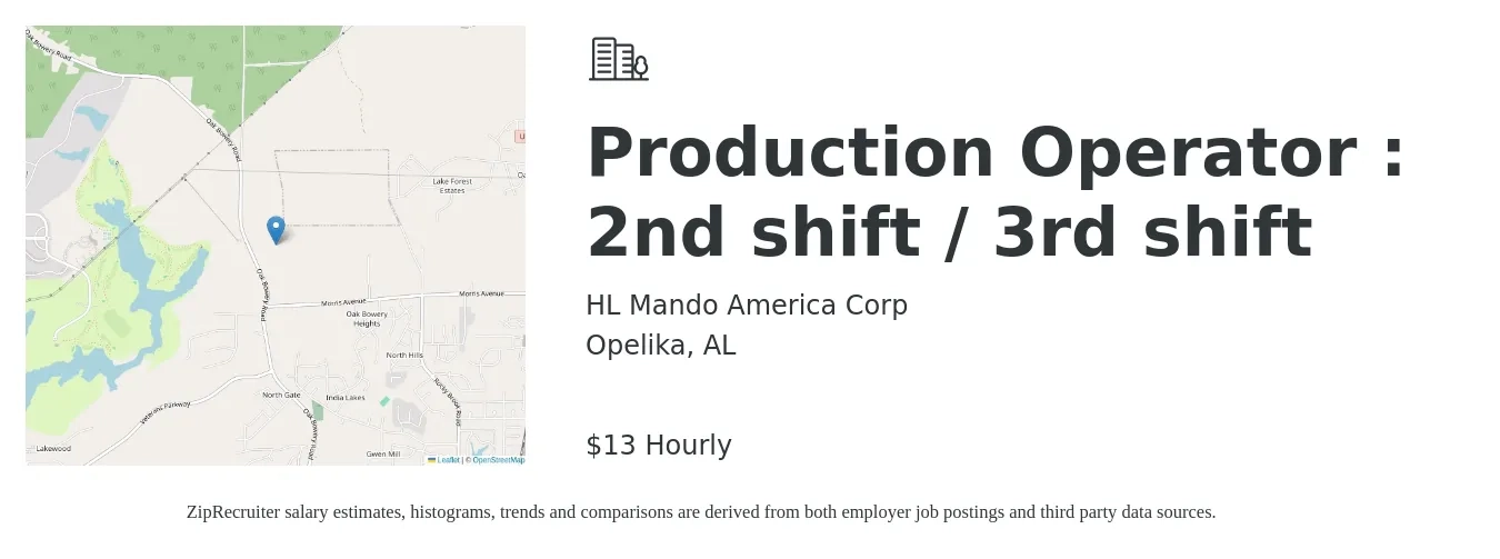 HL Mando America Corp job posting for a Production Operator : 2nd shift / 3rd shift in Opelika, AL with a salary of $14 Hourly with a map of Opelika location.