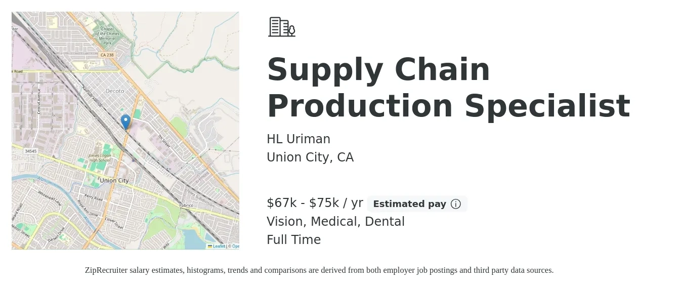 HL Uriman job posting for a Supply Chain Production Specialist in Union City, CA with a salary of $67,000 to $75,000 Yearly and benefits including vision, dental, life_insurance, medical, and retirement with a map of Union City location.