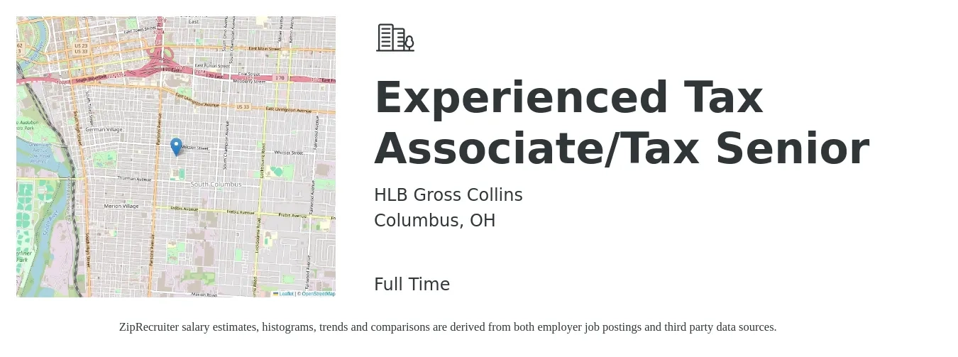 HLB Gross Collins job posting for a Experienced Tax Associate/Tax Senior in Columbus, OH with a salary of $78,700 to $97,600 Yearly with a map of Columbus location.