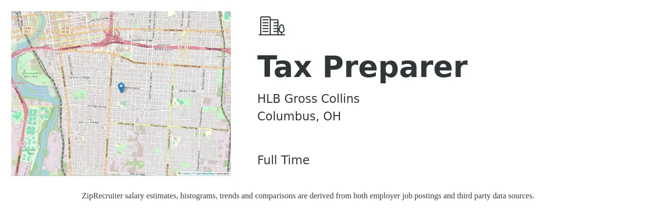 HLB Gross Collins job posting for a Tax Preparer in Columbus, OH with a salary of $13 to $19 Hourly with a map of Columbus location.