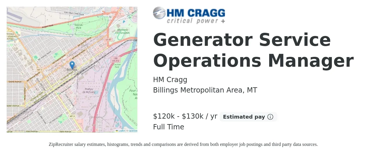 HM Cragg job posting for a Generator Service Operations Manager in Billings Metropolitan Area, MT with a salary of $120,000 to $130,000 Yearly with a map of Billings Metropolitan Area location.