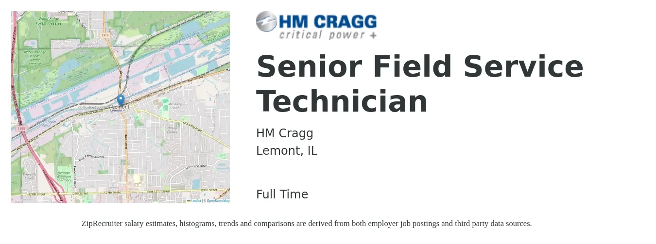 HM Cragg job posting for a Senior Field Service Technician in Lemont, IL with a salary of $20 to $30 Hourly with a map of Lemont location.