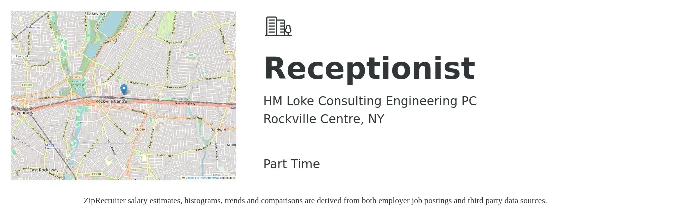 HM Loke Consulting Engineering PC job posting for a Receptionist in Rockville Centre, NY with a salary of $400 Weekly with a map of Rockville Centre location.