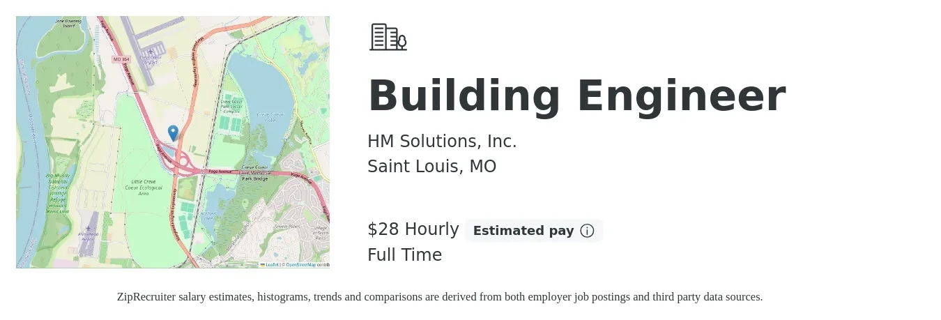 HM Solutions, Inc. job posting for a Building Engineer in Saint Louis, MO with a salary of $26 to $37 Hourly with a map of Saint Louis location.
