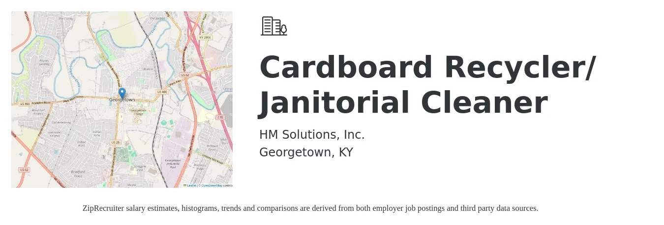 HM Solutions, Inc. job posting for a Cardboard Recycler/ Janitorial Cleaner in Georgetown, KY with a salary of $13 to $15 Hourly with a map of Georgetown location.
