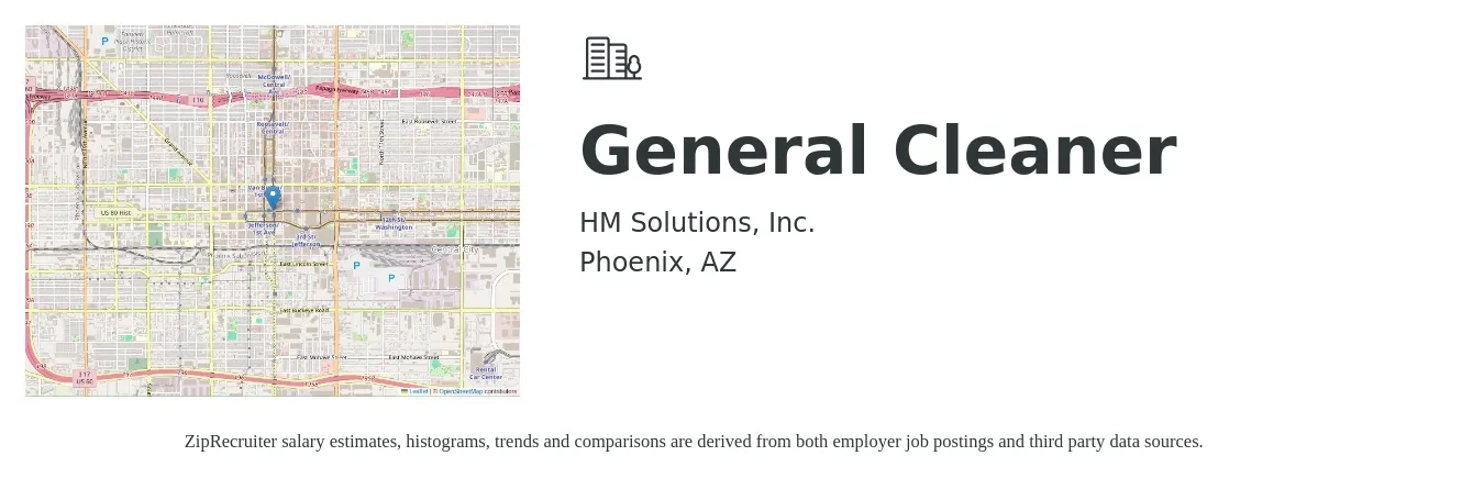 HM Solutions, Inc. job posting for a General Cleaner in Phoenix, AZ with a salary of $13 to $16 Hourly with a map of Phoenix location.