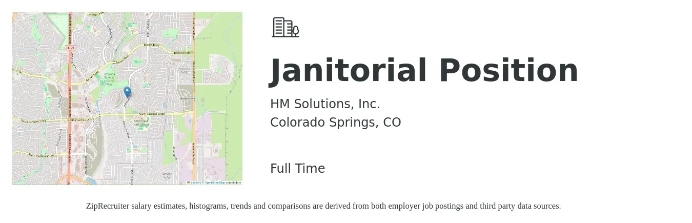 HM Solutions, Inc. job posting for a Janitorial Position in Colorado Springs, CO with a salary of $20 Hourly with a map of Colorado Springs location.