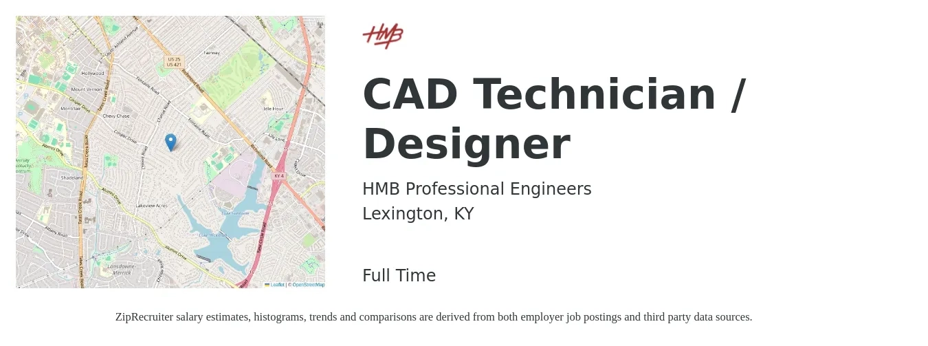 HMB Professional Engineers job posting for a CAD Technician / Designer in Lexington, KY with a salary of $22 to $32 Hourly with a map of Lexington location.