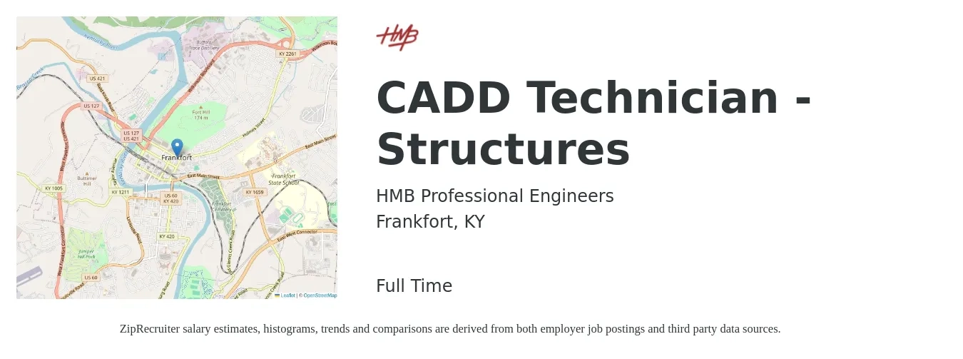 HMB Professional Engineers job posting for a CADD Technician - Structures in Frankfort, KY with a salary of $19 to $28 Hourly with a map of Frankfort location.