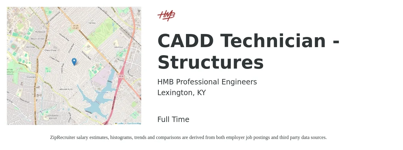 HMB Professional Engineers job posting for a CADD Technician - Structures in Lexington, KY with a salary of $49,700 to $77,500 Yearly with a map of Lexington location.