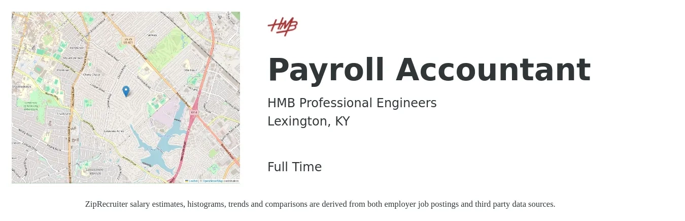 HMB Professional Engineers job posting for a Payroll Accountant in Lexington, KY with a salary of $53,700 to $75,000 Yearly with a map of Lexington location.